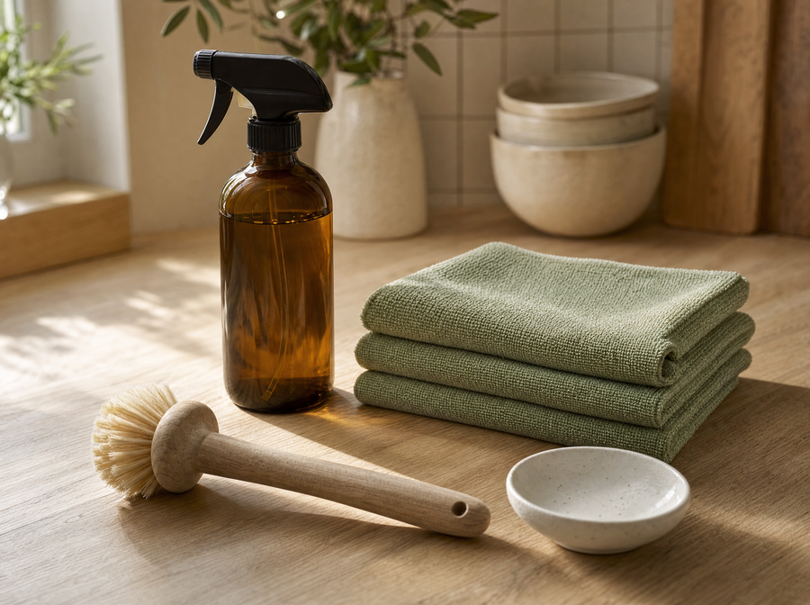 Amber spray bottle, folded microfibre cloths and a scrubbing brush on a pale oak worktop in morning light.