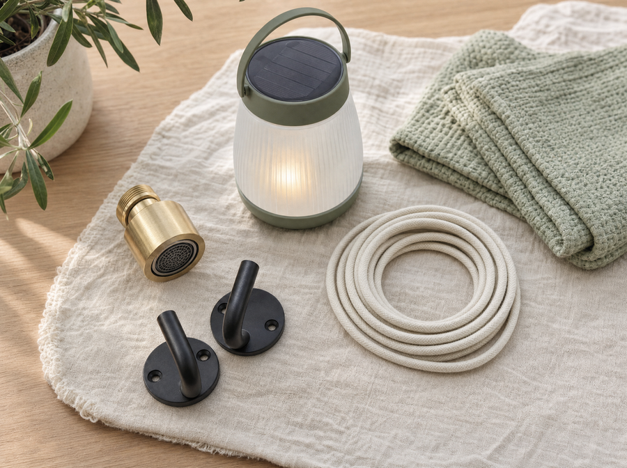 A brass tap aerator, two wall hooks, a coiled cord and a compact solar lantern laid out on pale linen over light oak.