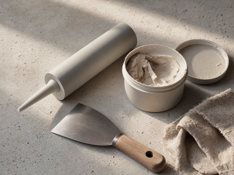 A sealant cartridge, putty knife, open tub of filler and a folded linen rag on a pale concrete surface.