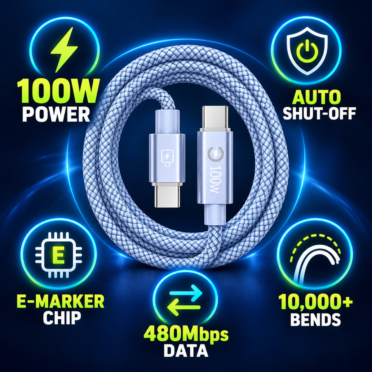 Power Up Faster ⚡🔋 100W Smart Cut-Off 2M Braided USB-C Cable
