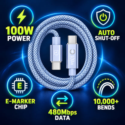 Power Up Faster ⚡🔋 100W Smart Cut-Off 2M Braided USB-C Cable