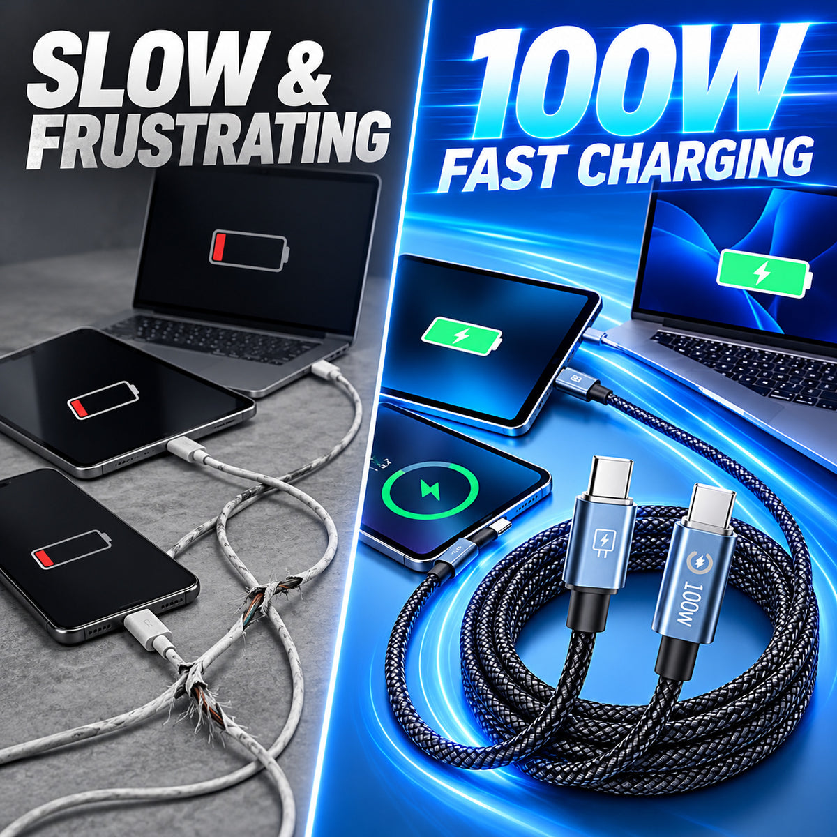 Power Up Faster ⚡🔋 100W Smart Cut-Off 2M Braided USB-C Cable