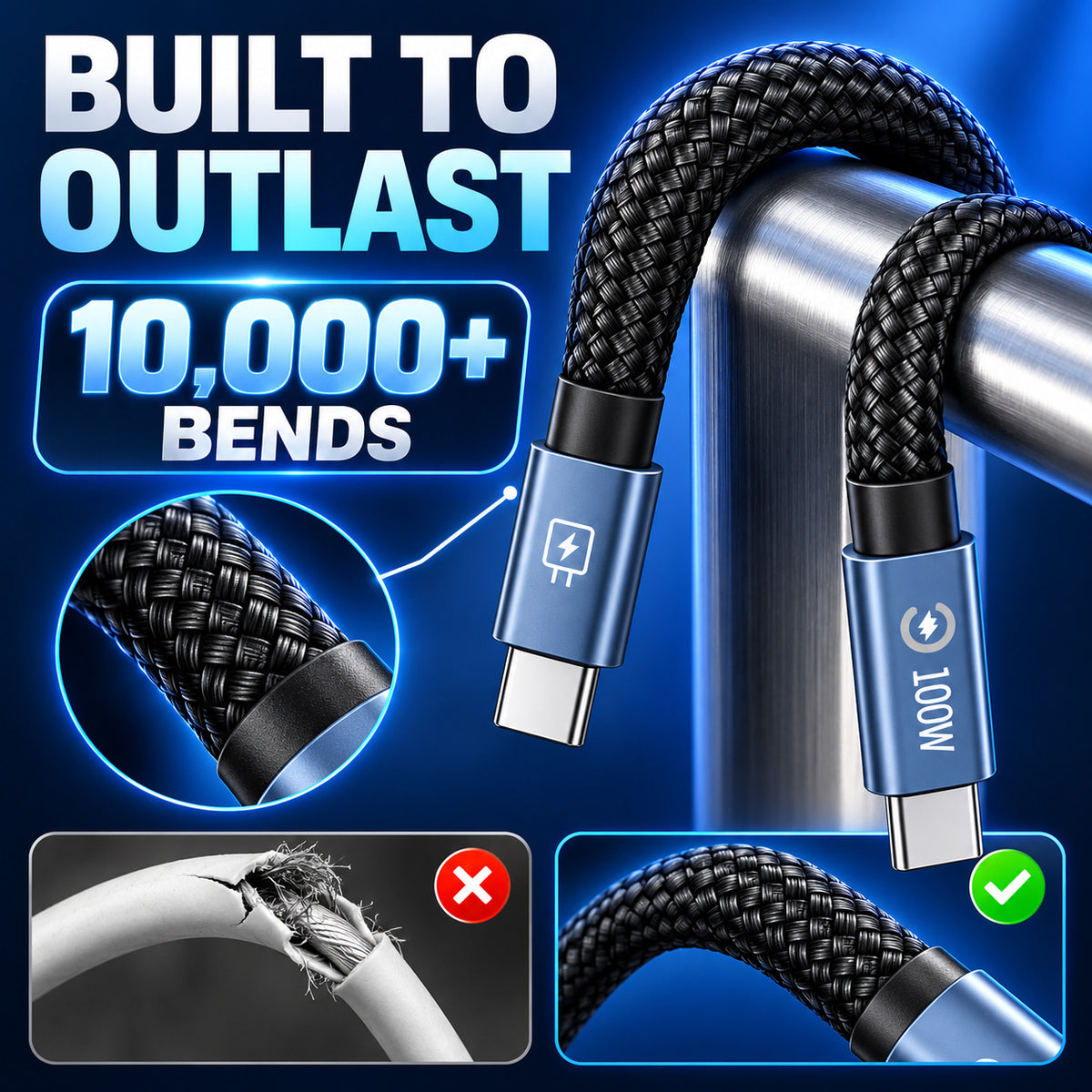Power Up Faster ⚡🔋 100W Smart Cut-Off 2M Braided USB-C Cable