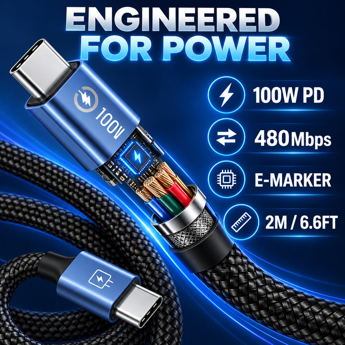 Power Up Faster ⚡🔋 100W Smart Cut-Off 2M Braided USB-C Cable