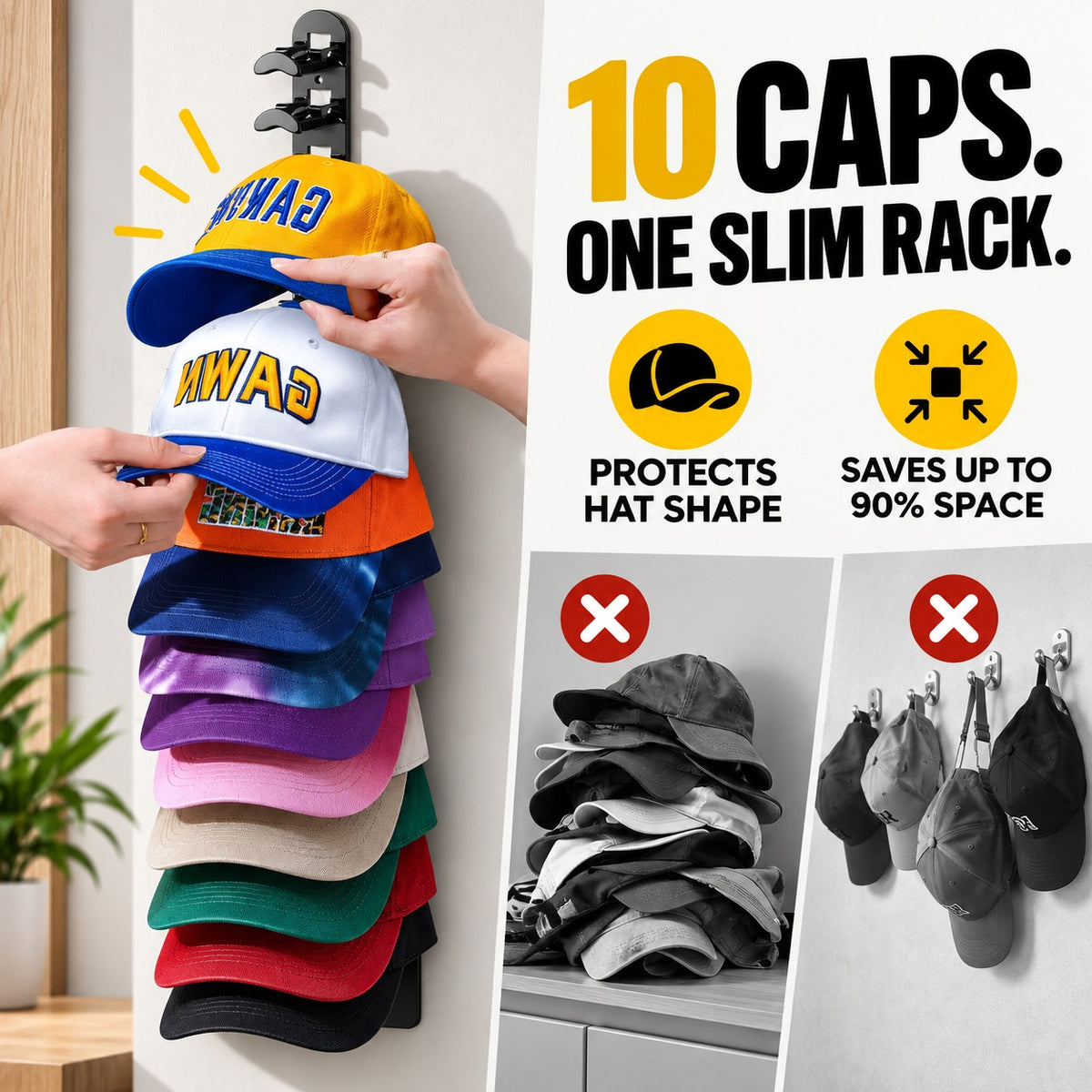 Auvirelo™ Space-Saving Wall Hat Rack — Holds 10 Caps