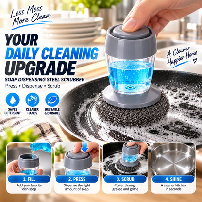 2-in-1 Soap Dispensing Steel Scrubber for Tough Grease & Burnt-On Food