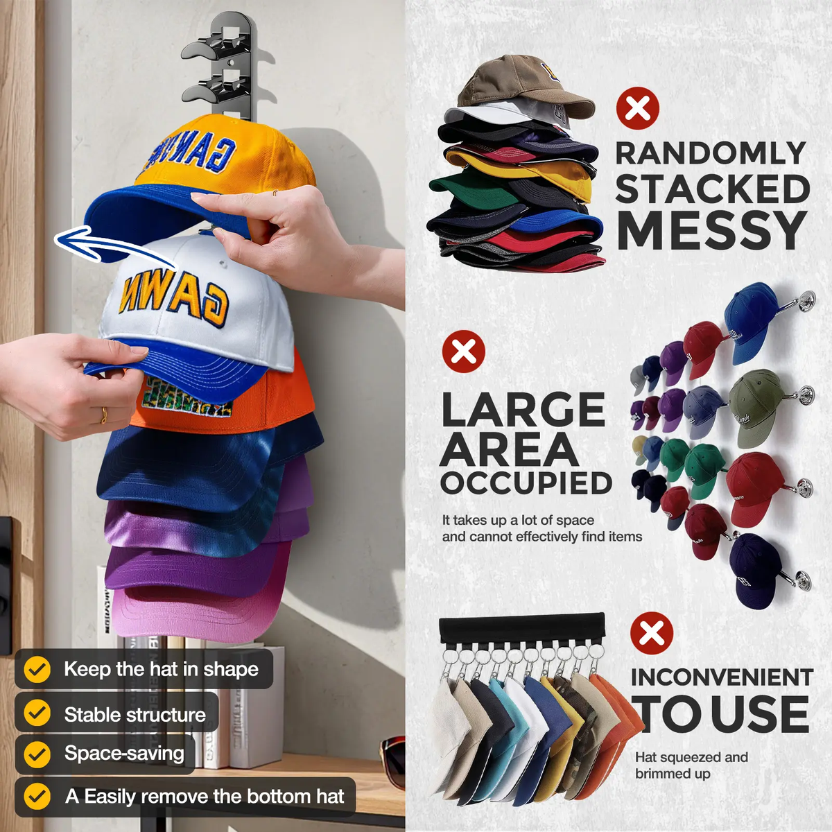 Auvirelo™ Space-Saving Wall Hat Rack — Holds 10 Caps